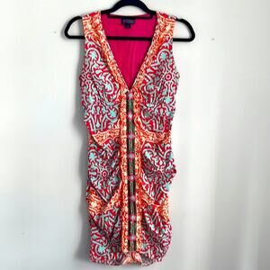 Hale Bob ruched printed ruffle front beaded sleeveless tank dress sz S